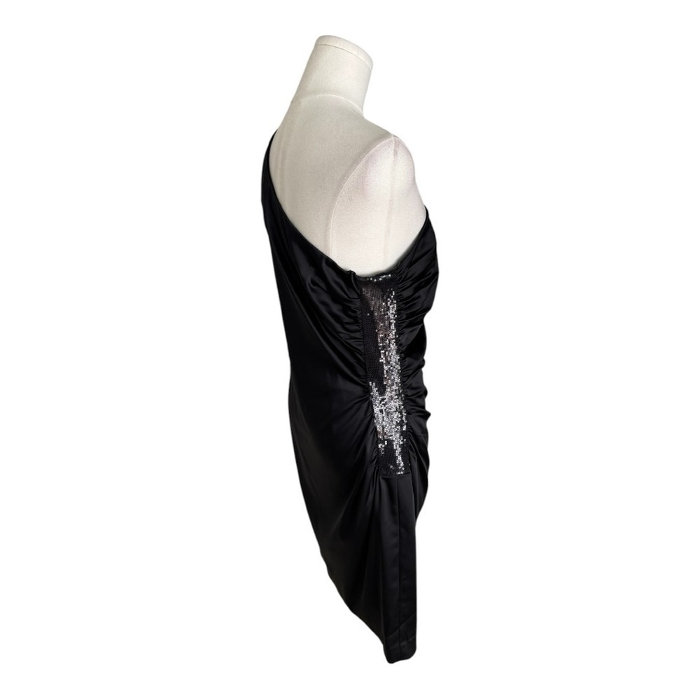 CALVIN KLEIN Black One Shoulder Mini Satin Dress Sequin Ruched Size M L 8 10 - Picture 4 of 8
